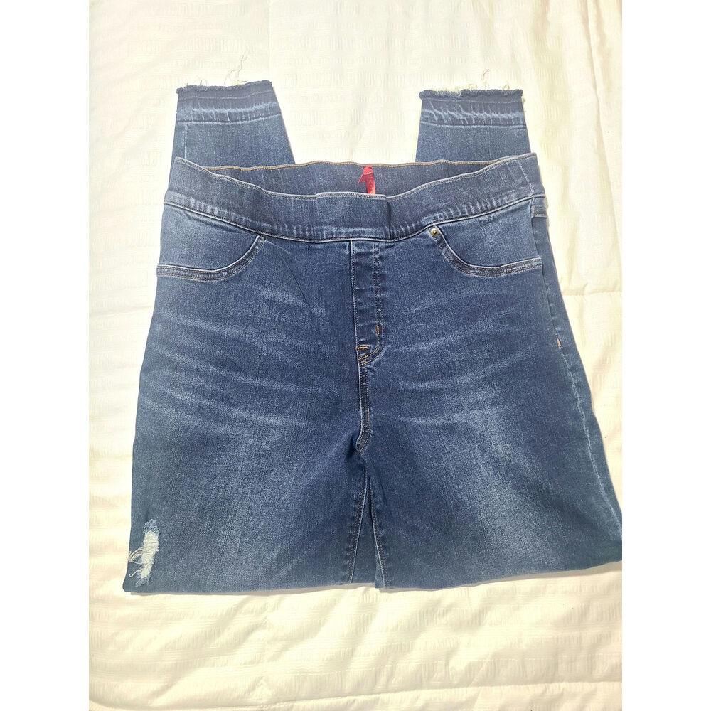 SPANX High Rise Skinny Jeans XL Dark Wash Stretch Denim Raw Hem